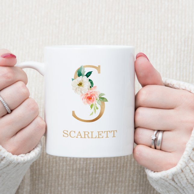 Monogram Gold Letter S | Floral Pink White Green Coffee Mug (Creator Uploaded)