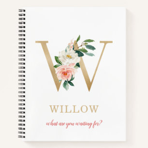 Monogram Gold Letter W Floral Motto or quote Notebook