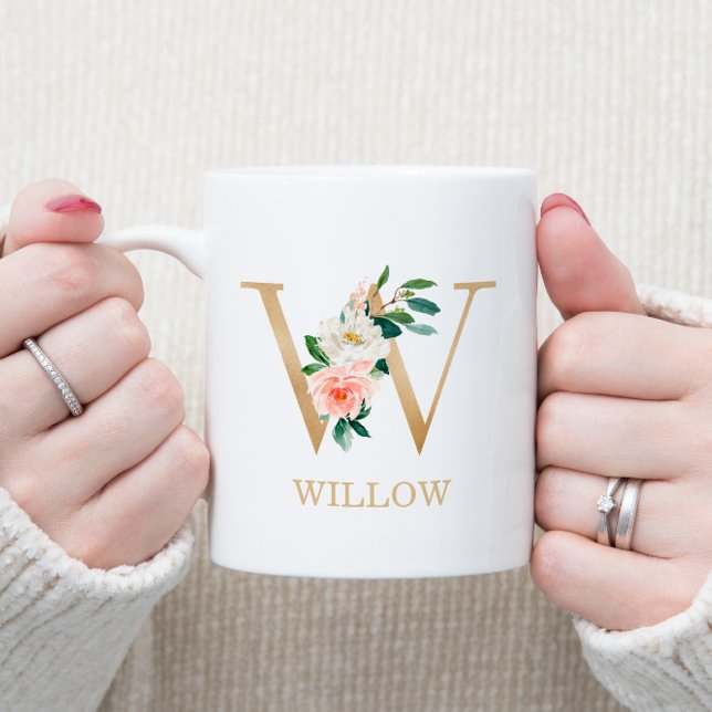 Monogram Gold Letter W | Floral Pink White Green Coffee Mug (Creator Uploaded)