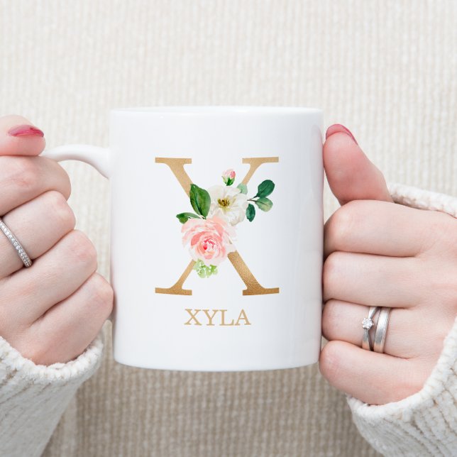 Monogram Gold Letter X | Floral Pink White Green Coffee Mug (Creator Uploaded)