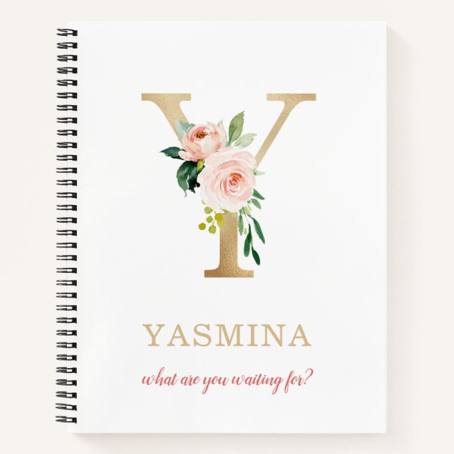 Monogram Gold Letter Y | Floral Motto or quote Notebook (Front)