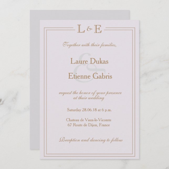 Monogram gold lilac grey ampersand modern wedding invitation (Front/Back)