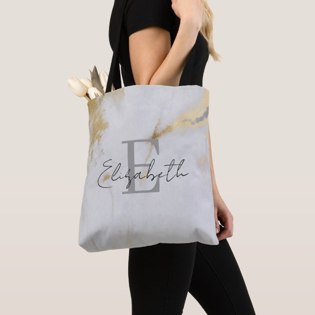 Monogram Gold Marble Grey Tote Bag (Close Up)