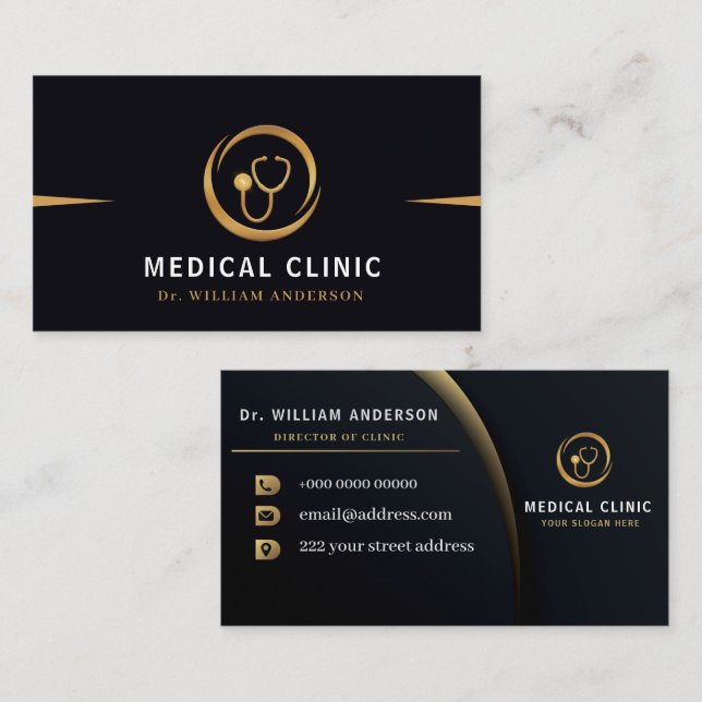 Monogram Gold Medical Stethoscope Logo  Business Card (Front/Back)