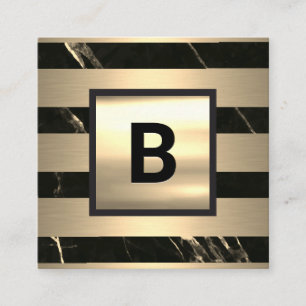 Monogram Gold Metal Stripes Black Gold Marble Square Business Card