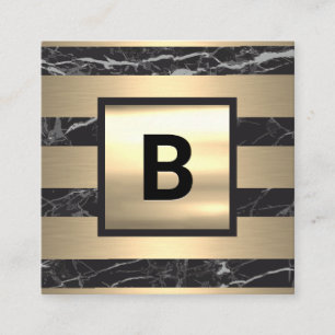 Monogram Gold Metal Stripes Black Marble Square Business Card