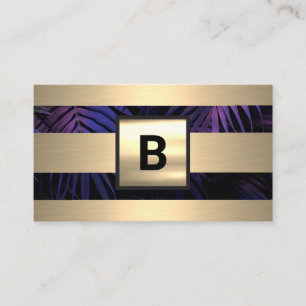 Monogram Gold Metal Stripes Purple Palm Leaves Business Card