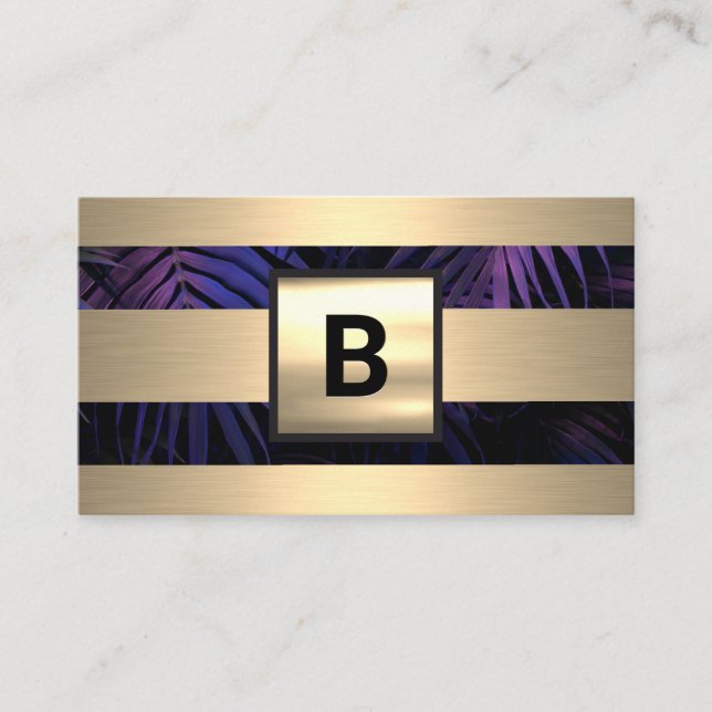 Monogram | Gold Metal Stripes | Purple Palm Leaves Business Card (Front)