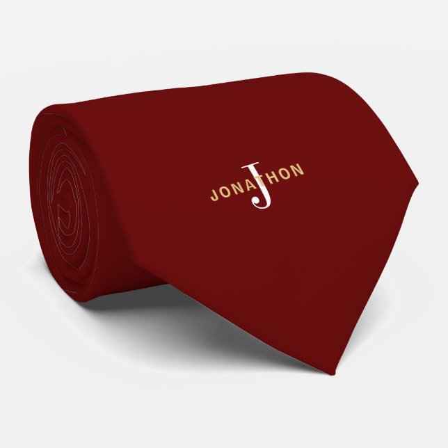 Monogram Gold Name White Initial Burgundy Tie (Rolled)