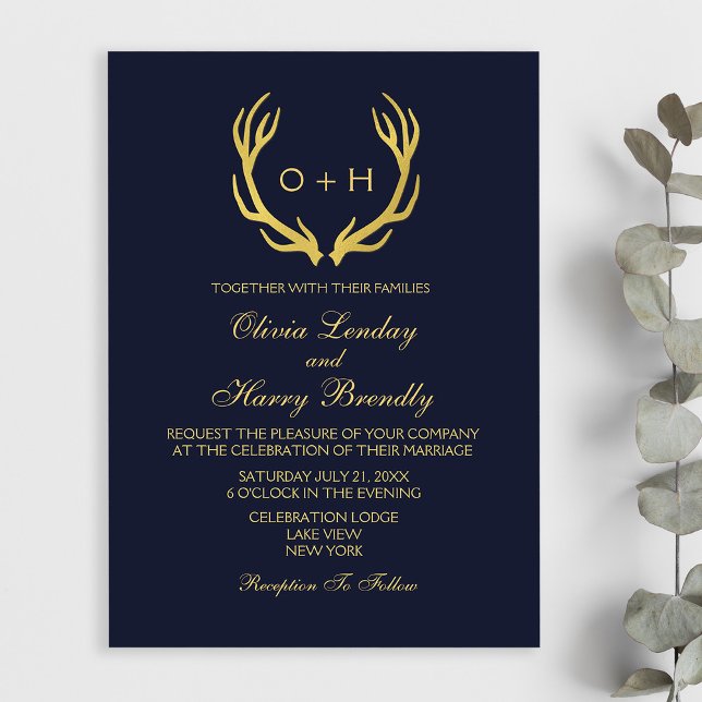Monogram Gold Navy White Wedding Invitation (Stylishly Personalize with Your Monogram Initials, Names & Wedding Event Information.)