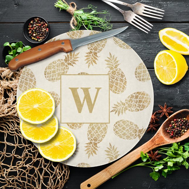 Monogram Gold Pineapples on Ivory Cutting Board (Creator Uploaded)