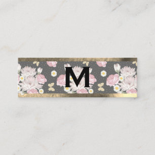 Monogram Gold Pink Flowers Mini Business Card