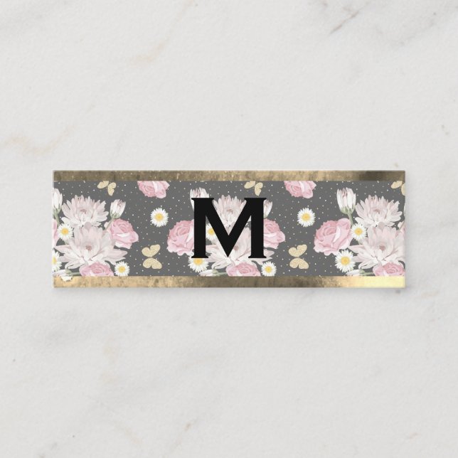 Monogram Gold | Pink Flowers Mini Business Card (Front)