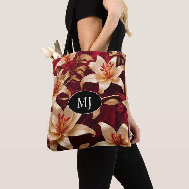 Monogram Gold Pink Lily On Red Silk Tote Bag (Close Up)