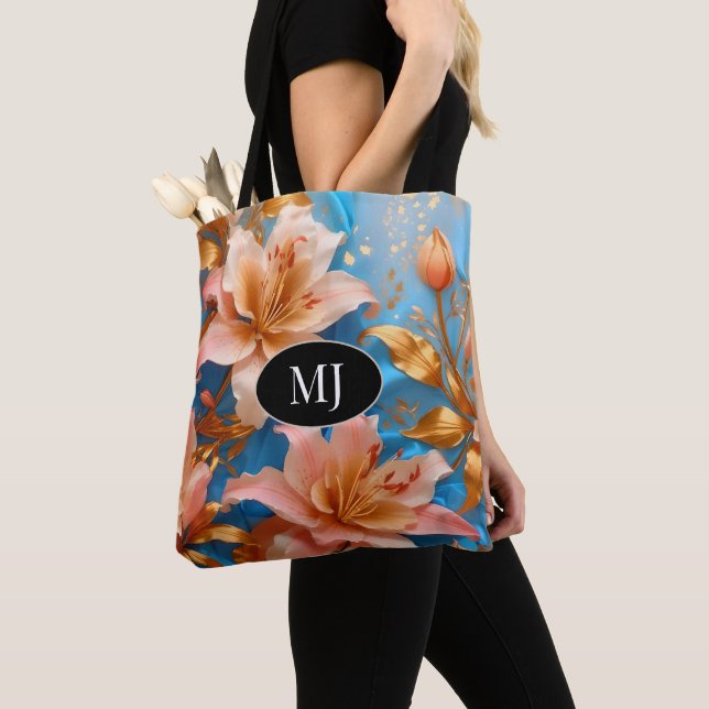 Monogram Gold Pink Lily On Sky Blue Silk Tote Bag (Close Up)