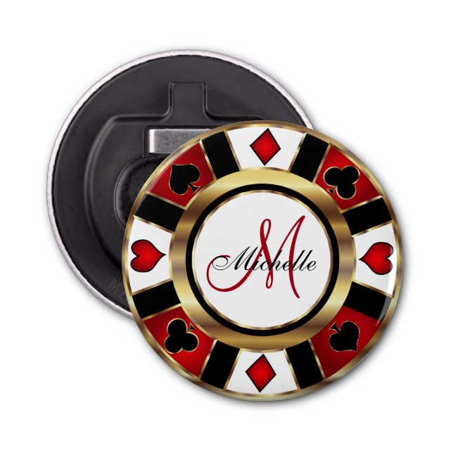 Monogram Gold Poker Chip Design Bottle Opener (Front)