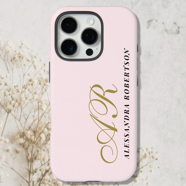 Monogram Gold Powder Pink Black Name Minimalist  Case-Mate iPhone Case (Creator Uploaded)