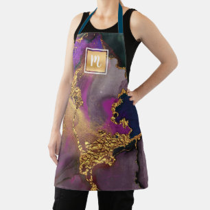 Monogram gold purple green agate watercolor bold apron