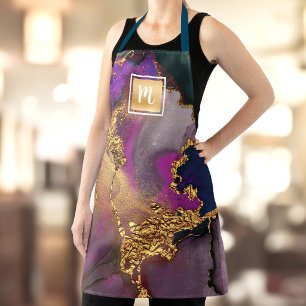 Monogram gold purple green agate watercolor bold apron