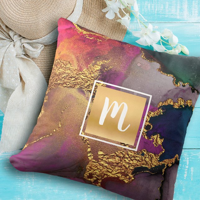 Monogram gold purple green blue marble watercolor cushion (Creator Uploaded)