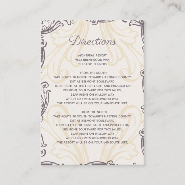 Monogram Gold Purple Vintage wedding Details card (Front)