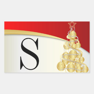 Monogram Gold & Red Merry Christmas Rectangular Sticker
