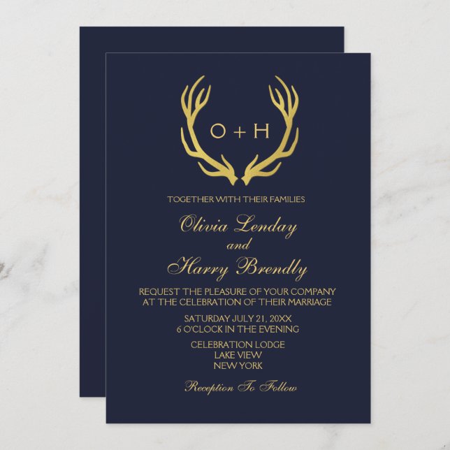 Monogram Gold Rustic Antlers Wedding Invitation (Front/Back)
