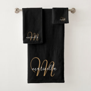 Monogram Gold Script Name Black Bath Towel Set