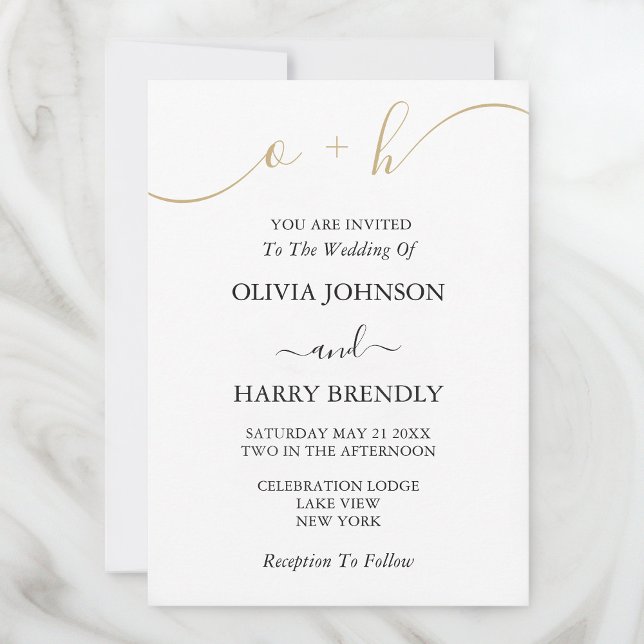 Monogram Gold Script White Wedding Invitation (Stylishly Personalize with Your Monogram Initials & Custom Wedding Information.)