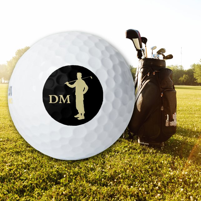 Monogram Gold Silhouette Old Time Golfer Golf Balls (Creator Uploaded)