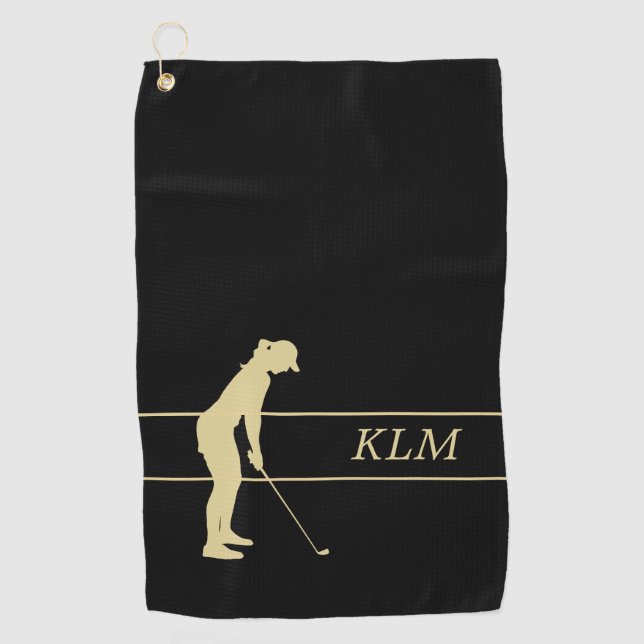 Monogram Gold Silhouette Woman Golfer Golf Towel (Front)