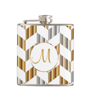 Monogram - Gold, Silver & White Chevron Design Hip Flask