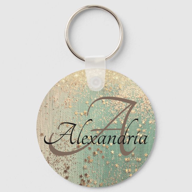 Monogram Gold Stars on Sea Green    Key Ring (Front)