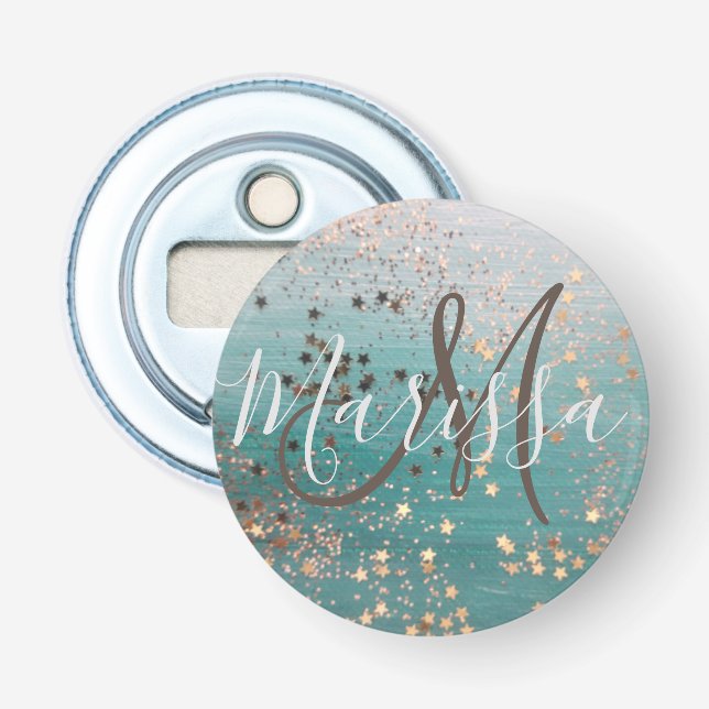 Monogram Gold Stars on Teal             Bottle Opener (Front)