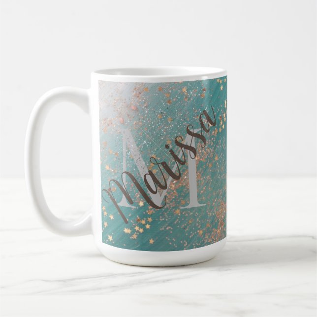 Monogram Gold Stars on Teal   Coffee Mug (Left)