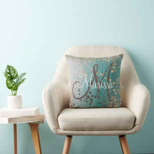 Monogram Gold Stars on Teal   Cushion
