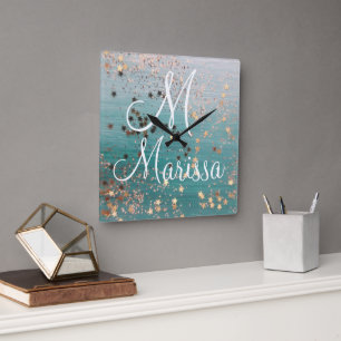 Monogram Gold Stars on Teal Square Wall Clock