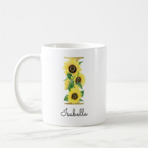 Monogram Gold Sunflower Floral Initial I Coffee Mug