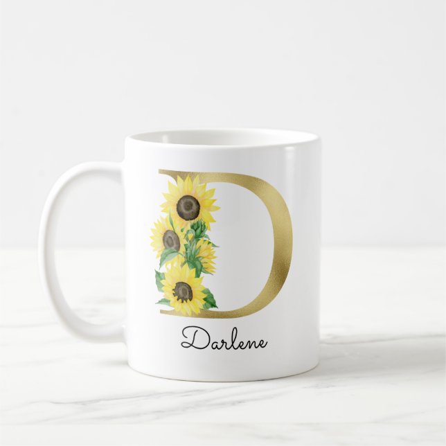 Monogram Gold Sunflower Girly Floral Initial D Coffee Mug (Left)