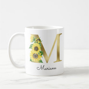 Monogram Gold Sunflower Girly Floral Initial M Coffee Mug