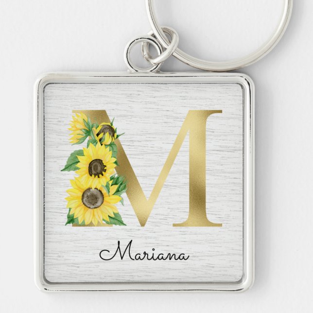 Monogram Gold Sunflower Girly Floral Initial M Key Ring (Front)