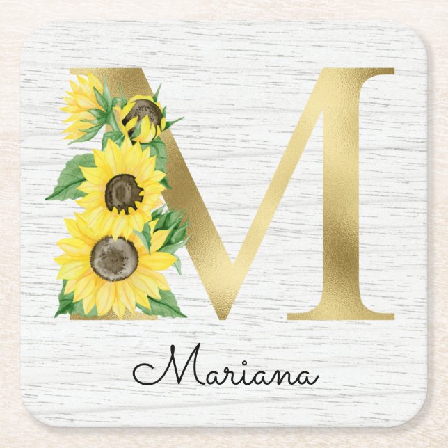 Monogram Gold Sunflower Girly Floral Initial M Square Paper Coaster (Front)