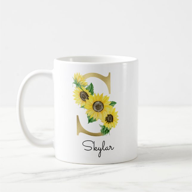 Monogram Gold Sunflower Girly Floral Initial S Coffee Mug (Left)