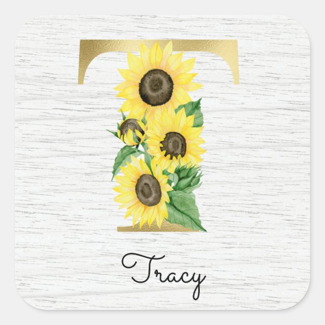 Monogram Gold Sunflower Girly Floral Initial T Square Sticker (Front)