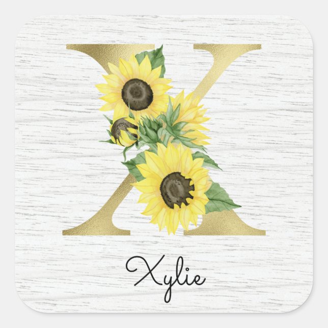 Monogram Gold Sunflower Girly Floral Initial X Square Sticker (Front)