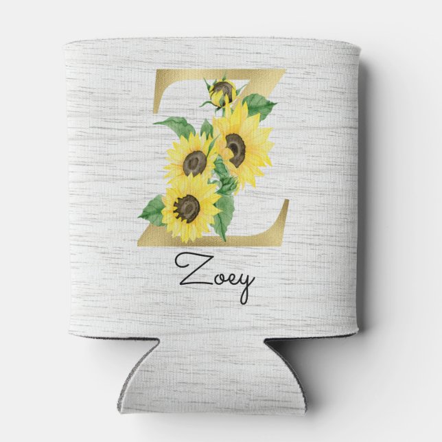 Monogram Gold Sunflower Girly Floral Initial Z Can Cooler (Back)