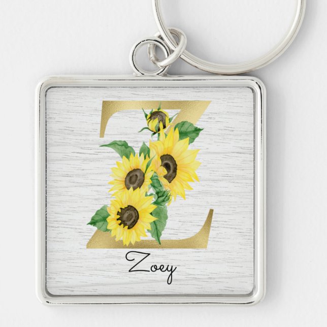 Monogram Gold Sunflower Girly Floral Initial Z Key Ring (Front)