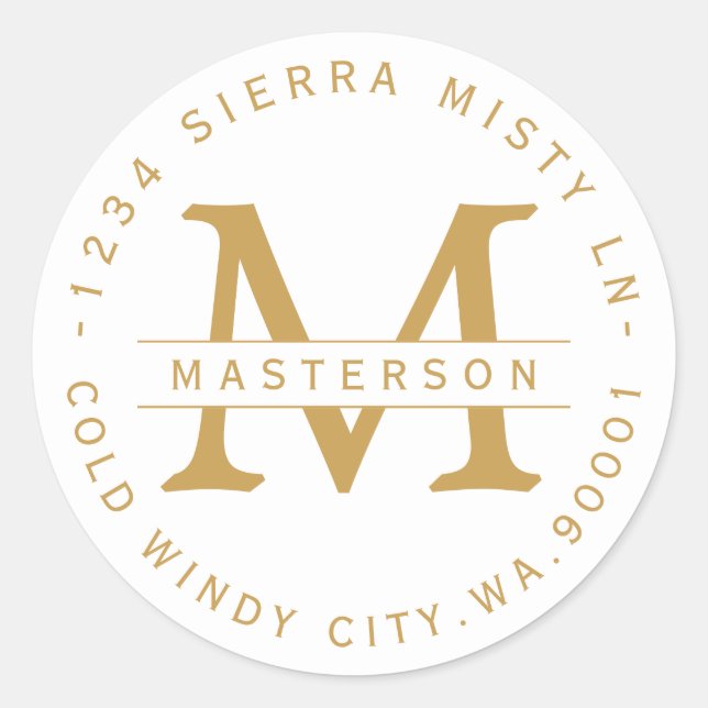 Monogram Gold Text Circular Return Address Label (Front)
