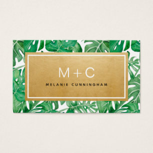 Monogram Gold Tropical Leaves Business Cards