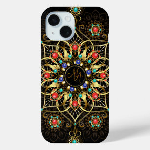 Monogram Gold Turquiose Red Mandala Jewel iPhone 15 Case
